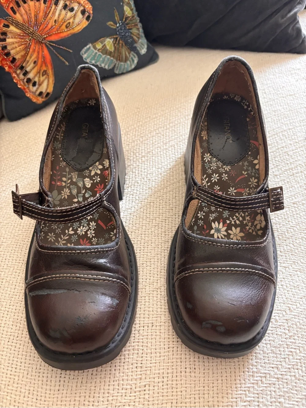 Vintage 90s Y2k Gitano Brown Mary Jane Chunky Heel Loafers Steel Toe Size 9.5M